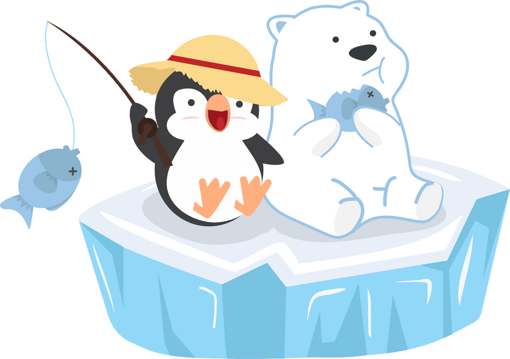 polar bear with penguin sit on ice floe