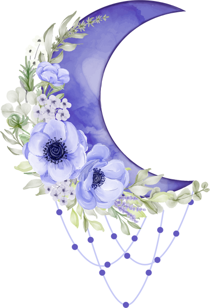Watercolor Half Moon with Purple Anemone Flower