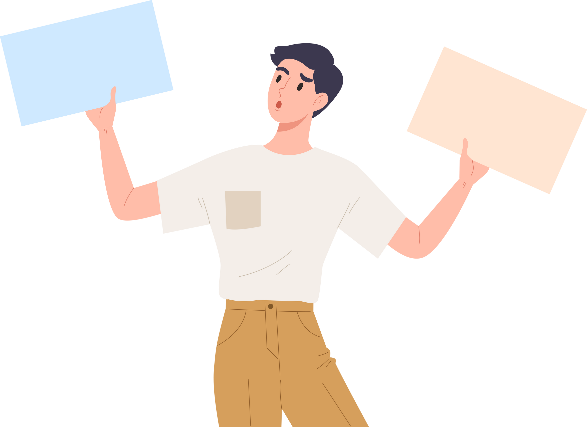 Confused man holding two blank placard to choose